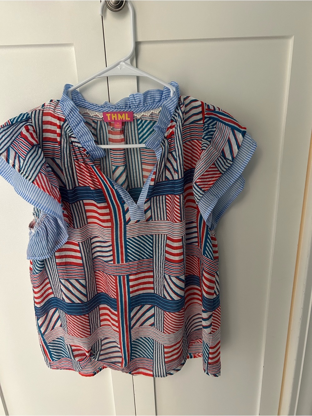 NWOT Avara Lisa Patchwork Striped V-Neck Flutter Sleeve Blouse - Blue & Red - Picture 4 of 6